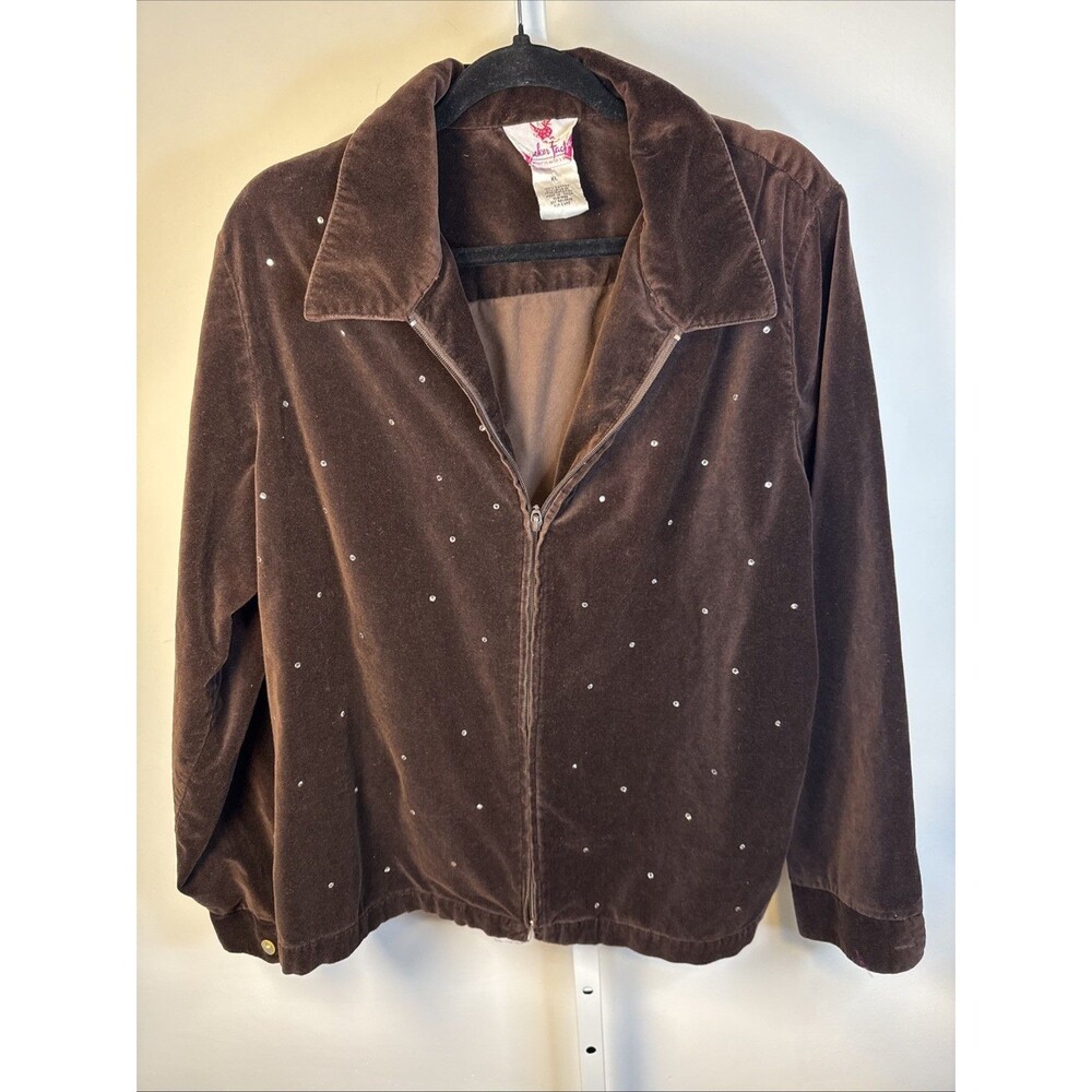 Vintage Quacker Factory Women’s Velour Jacket Brown Rhinestones XL Full Zip